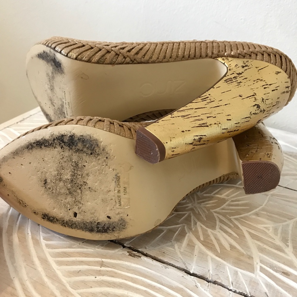 Zinc Josie Gold Cork Heels Platform Crochet Shoes Gem